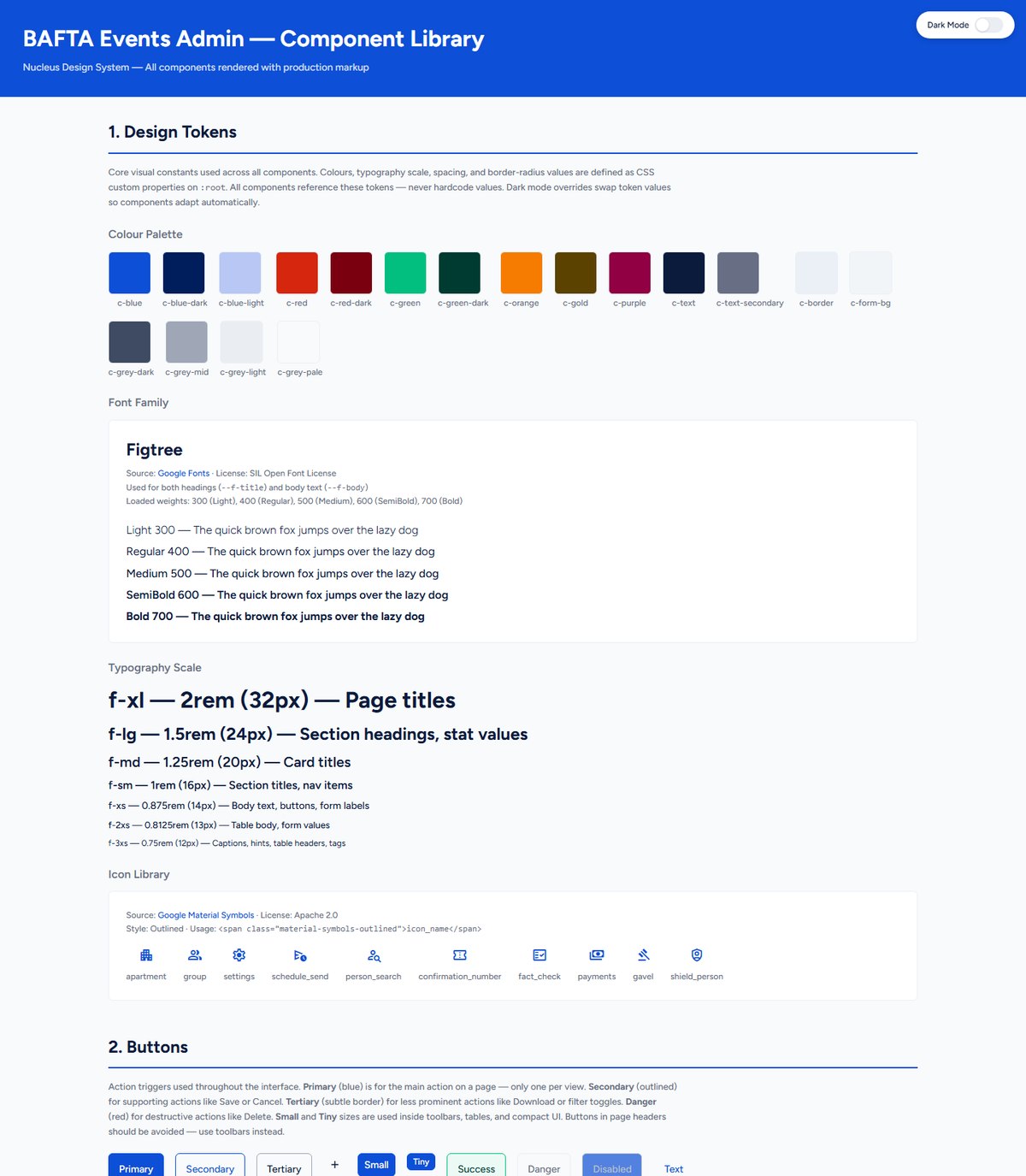 The Events Admin component library and design system produced alongside the reference pages