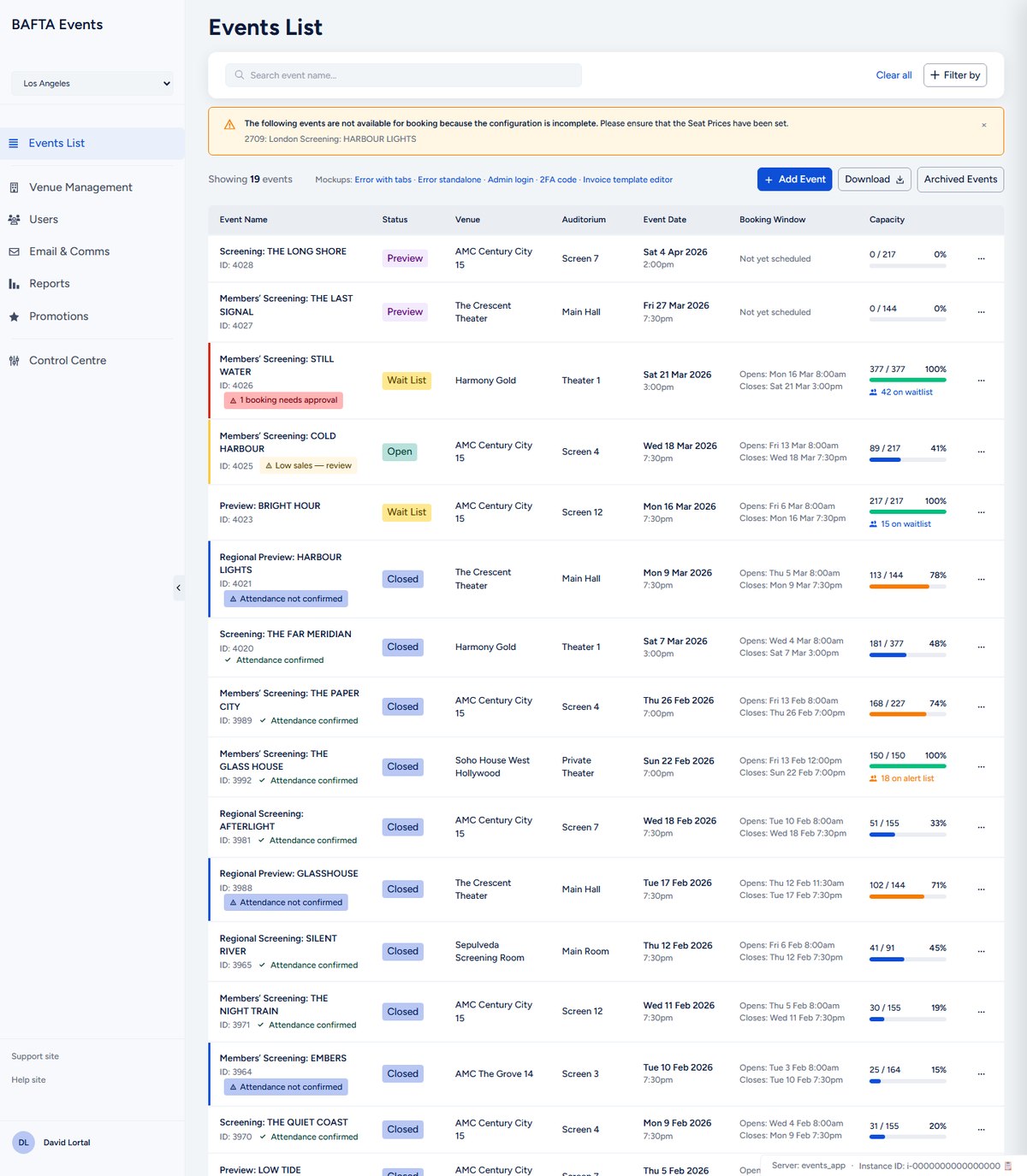The redesigned BAFTA Events Admin Events List, built as a Claude Code reference page in the Nucleus design language