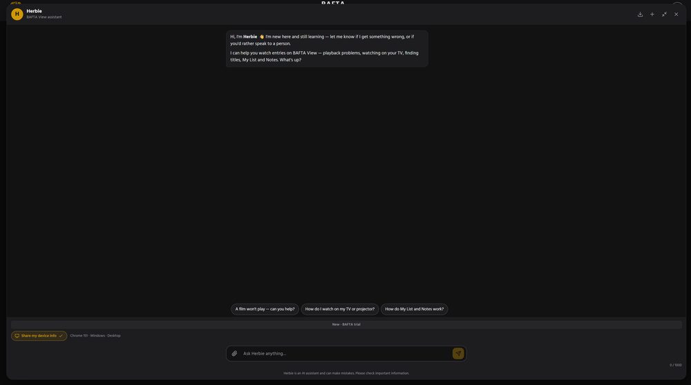 The BAFTA View support agent prototype expanded to full screen, showing its greeting and suggested questions
