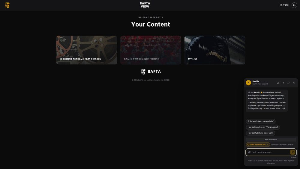 The support agent docked in the corner of a BAFTA View content page