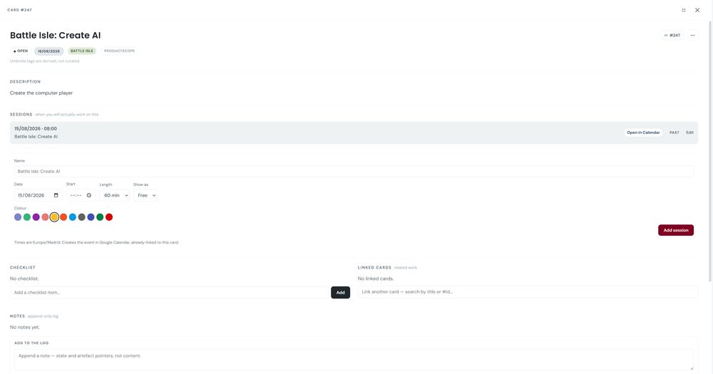 A card in Continuum showing its description, sessions, checklist and append-only notes log