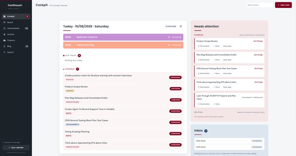 The Continuum dashboard showing today's diary and the date-driven buckets like Overdue and Needs attention
