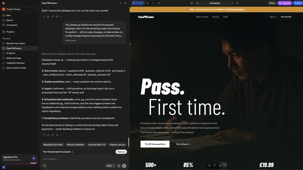 Building Pass PM Exams in the Lovable editor, with the chat on the left and a live preview on the right