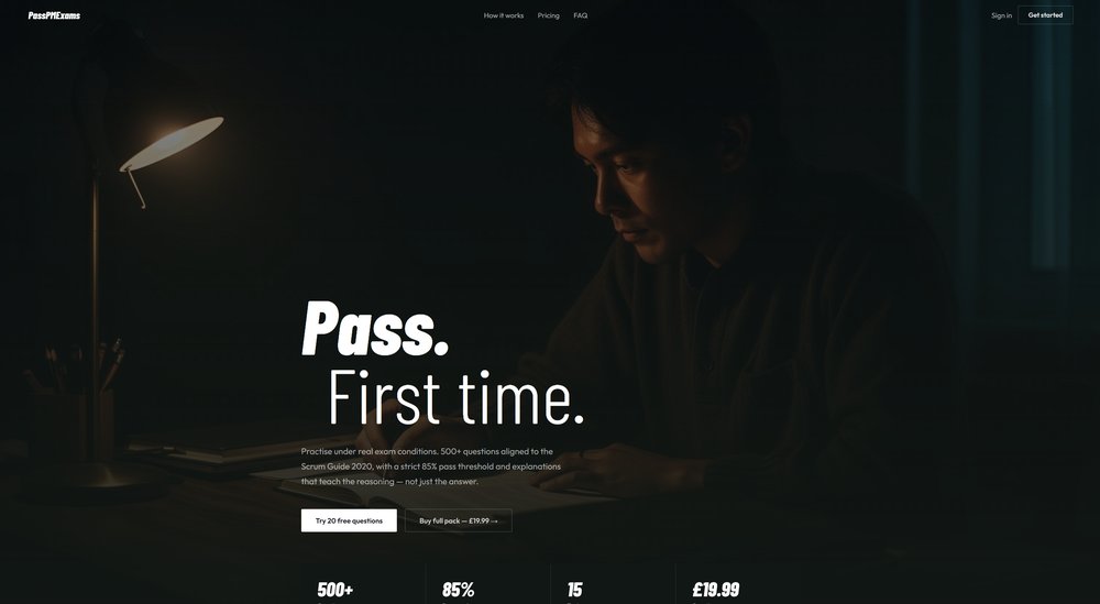 The Pass PM Exams landing page, one of the two products I built in Lovable