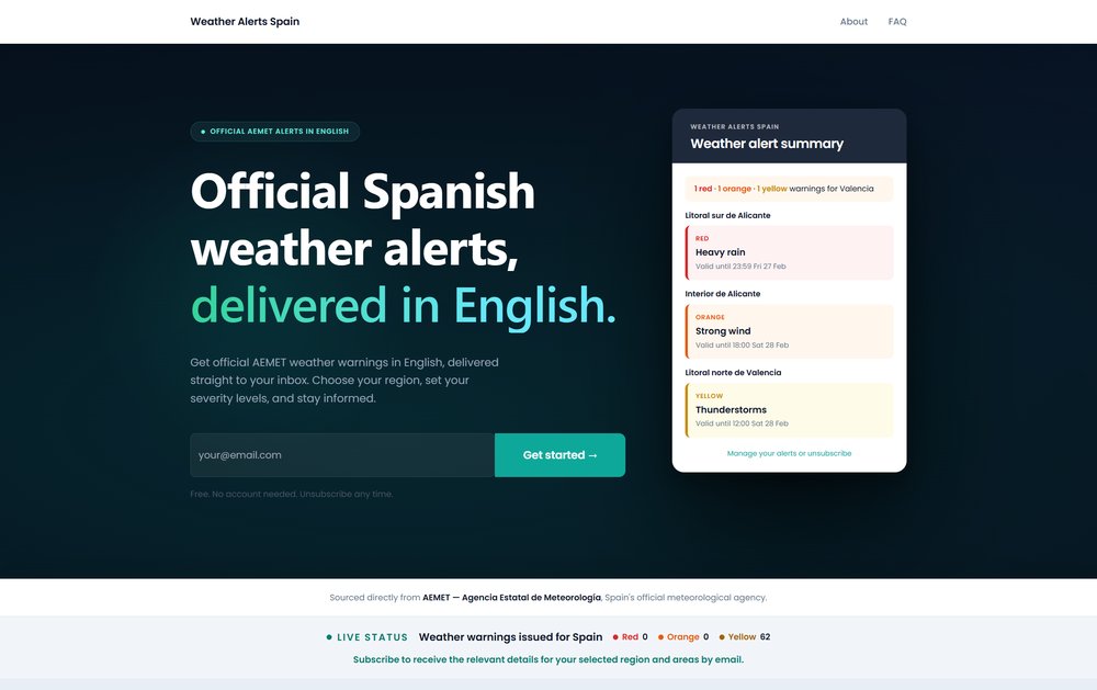 Weather Alert Spain landing page, the vibe-coded product built with Lovable, offering official AEMET alerts in English