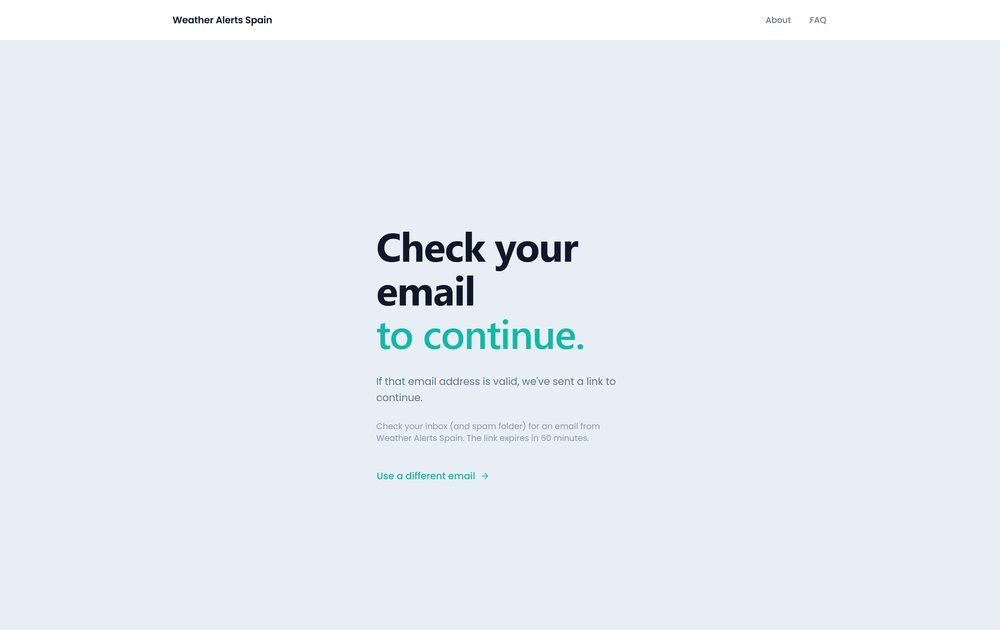 Weather Alert Spain magic-link sign-in screen asking the user to check their email to continue